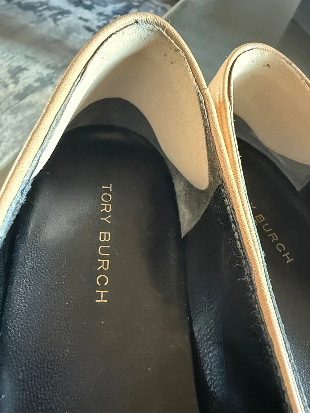 Tory Burch Two-Tone Black and Beige Cap Toe Leather Ballet Flats